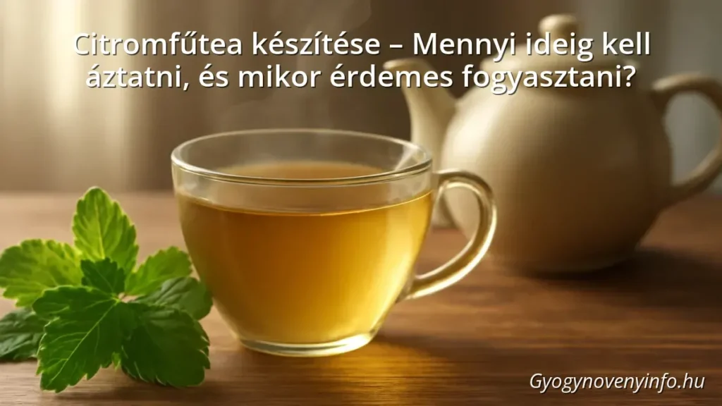 Citromfűtea egy csészében, mellette friss citromfű levelek és teáskanna