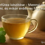 Citromfűtea egy csészében, mellette friss citromfű levelek és teáskanna