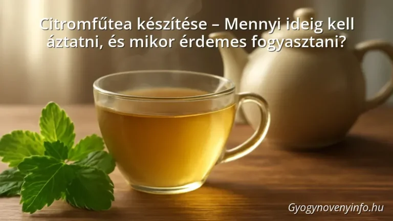 Citromfűtea egy csészében, mellette friss citromfű levelek és teáskanna