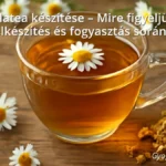 Cup of chamomile tea with fresh and dried chamomile flowers on a wooden surface
