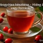 Csipkebogyótea csésze friss csipkebogyó gyümölcsökkel és levelekkel