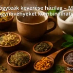 Various dried herbs and a cup of herbal tea on a rustic wooden table