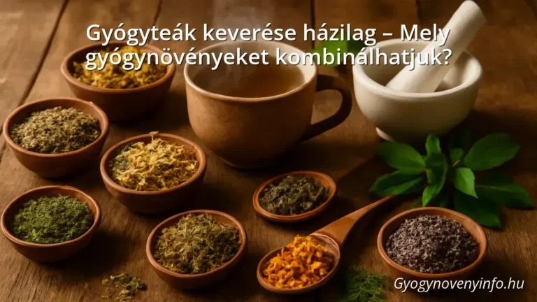 Various dried herbs and a cup of herbal tea on a rustic wooden table