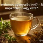 Steaming cup of herbal tea on a wooden table with fresh herbs and morning sunlight