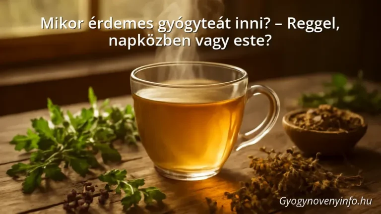 Steaming cup of herbal tea on a wooden table with fresh herbs and morning sunlight