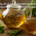 Glass teapot and cup with herbal tea, fresh and dried herbs on wooden table