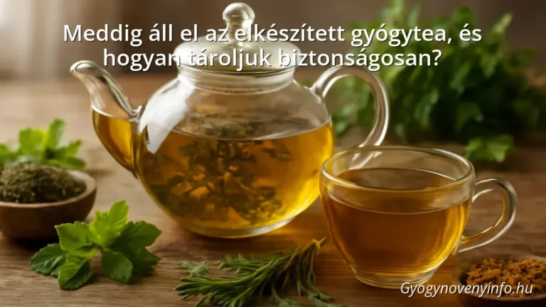 Glass teapot and cup with herbal tea, fresh and dried herbs on wooden table